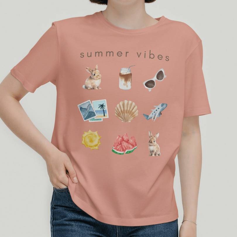 'Summer Vibes' T-Shirt for Bunny Lover in Sunset Peach Color