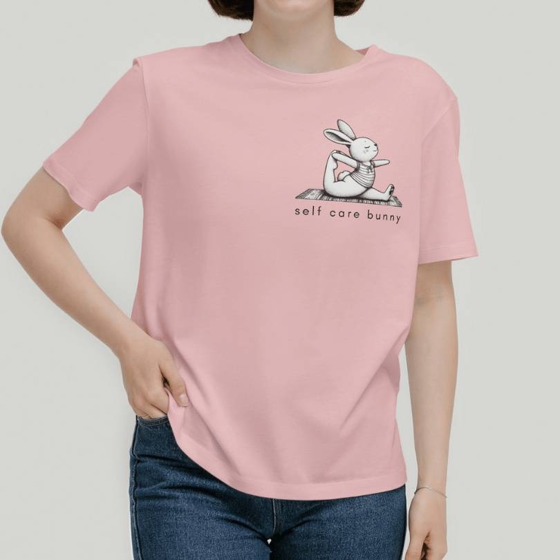 Pocket Self Care Bunny T-Shirt for Bunny Mom in Pink