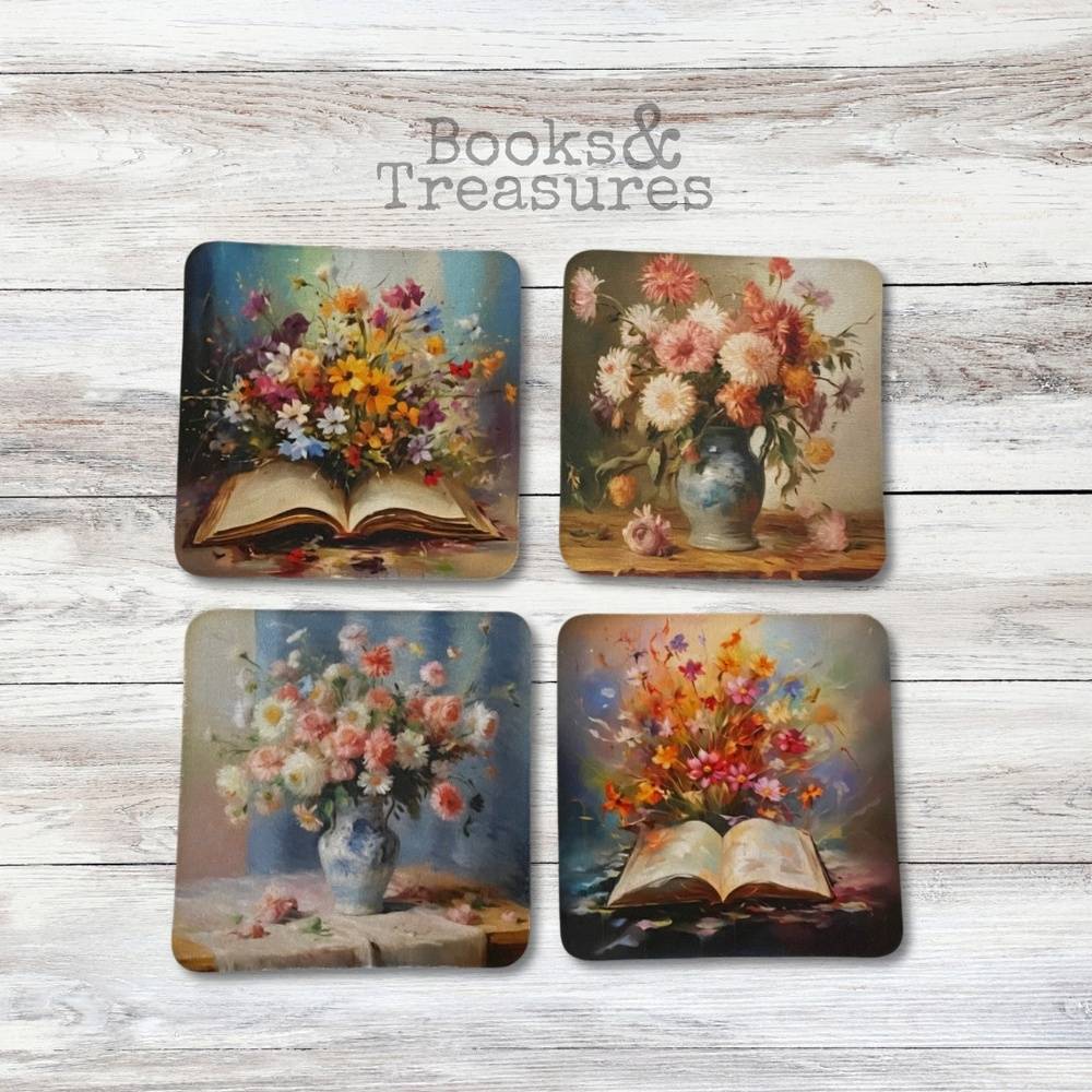 Colorful Floral Bookish Coasters Set of 4