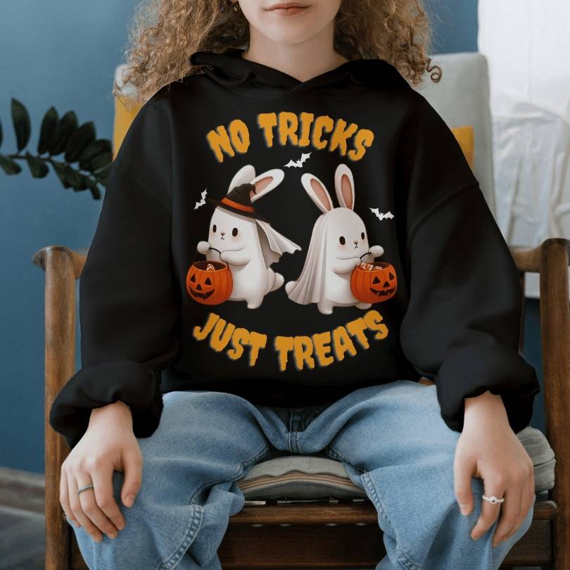 Kids 'No Tricks Just Treats' Halloween Bunny Hoodie | Black Color