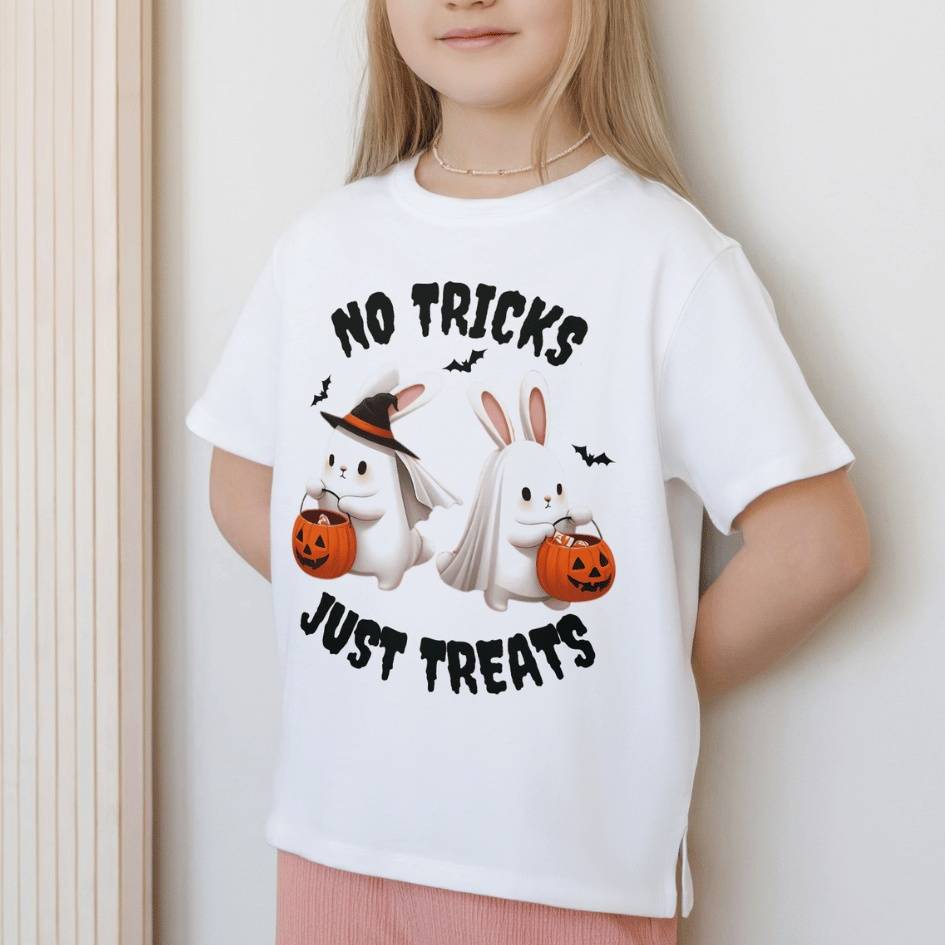 Kids 'No Tricks Just Treats' Halloween Bunny T-Shirt | White Color