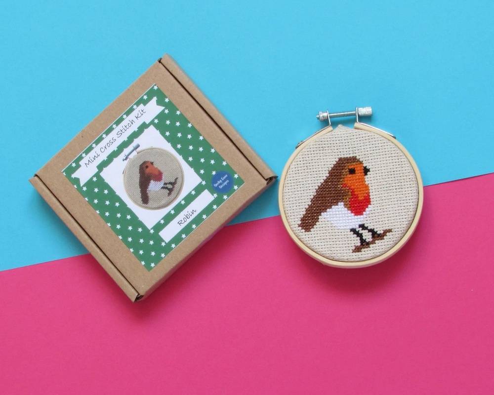 Mini robin cross stitch kit from Becky Lane Designs