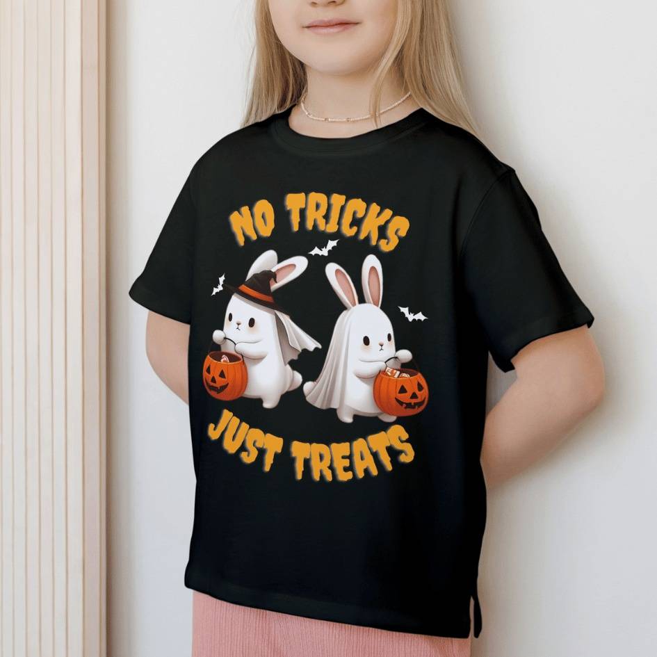 Kids 'No Tricks Just Treats' Halloween Bunny T-Shirt | Black Color