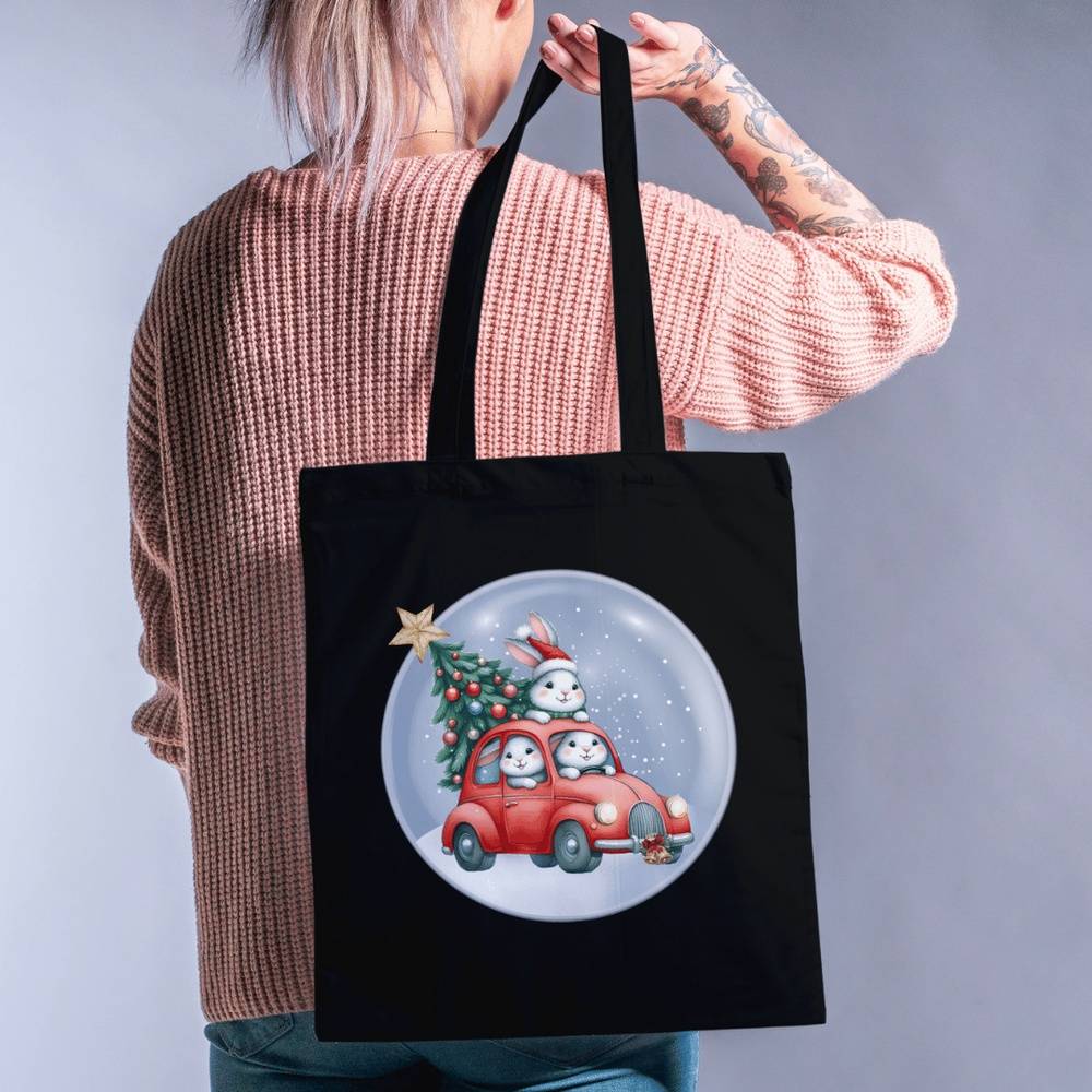 Bunny Snow Globe Holiday Tote Bag | Black