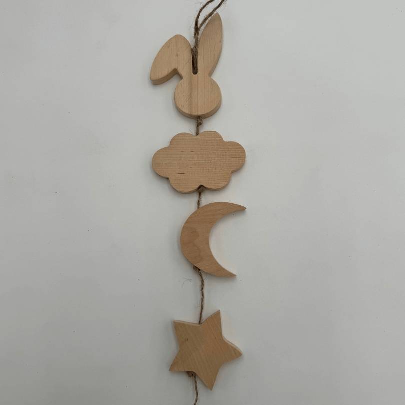 CLEARANCE: IMPERFECT BUNNY TOY - Hanging wooden bunny, star, cloud & moon