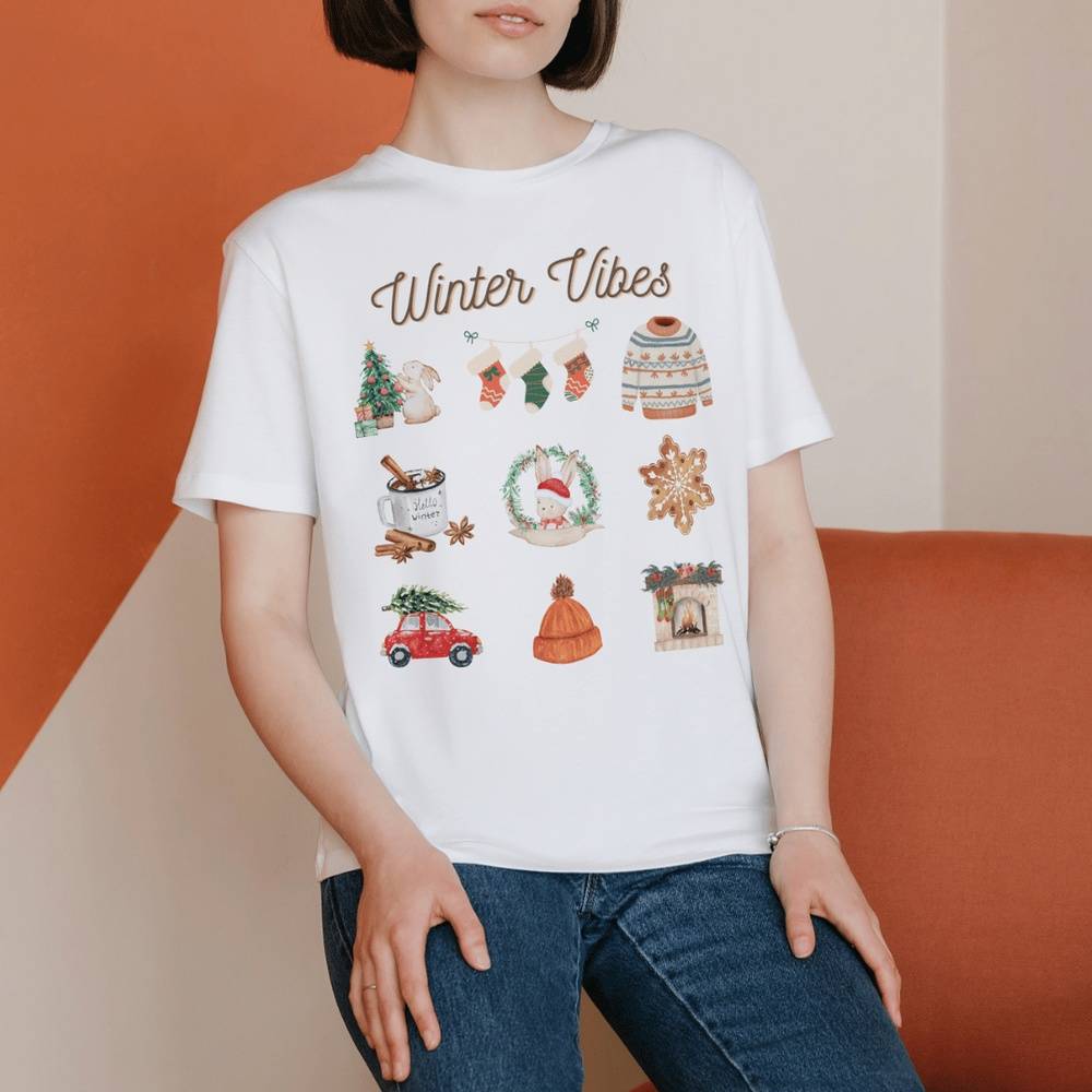 Winter Vibes T-Shirt for Bunny Mom | Holiday Gift | Christmas T-Shirt | White