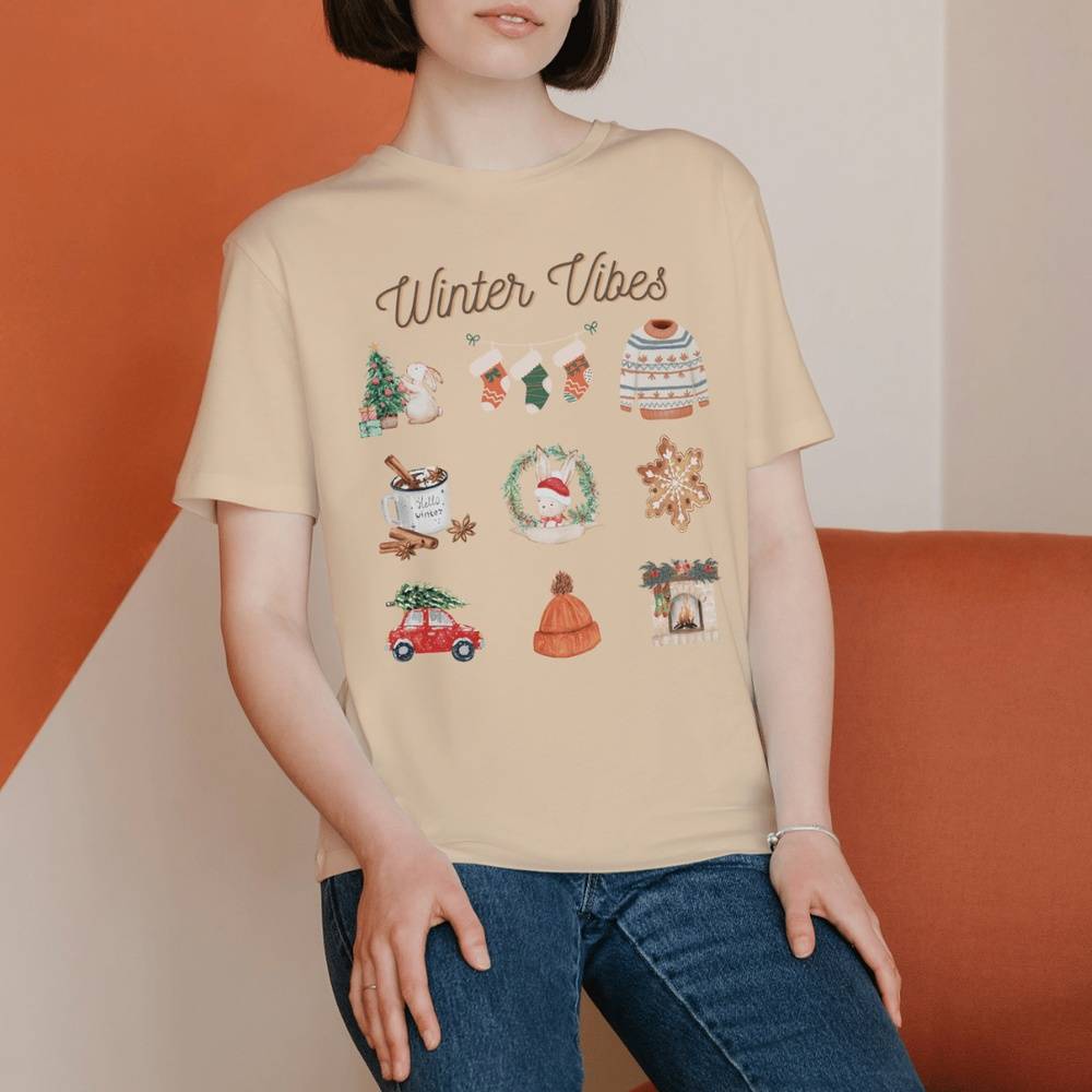 Winter Vibes T-Shirt for Bunny Mom | Holiday Gift | Christmas T-Shirt | Oatmeal