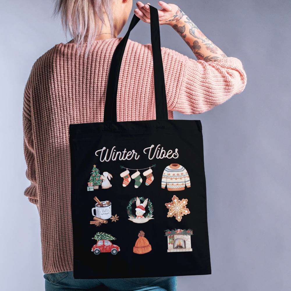 'Winter Vibes' Holiday Tote Bag for Bunny Parents | Black