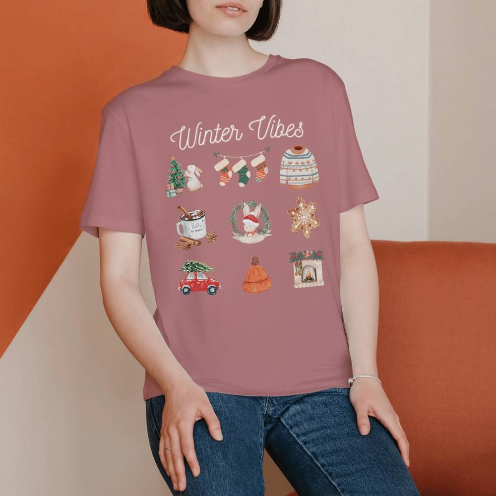 Winter Vibes T-Shirt for Bunny Mom | Holiday Gift | Christmas T-Shirt | Mauve