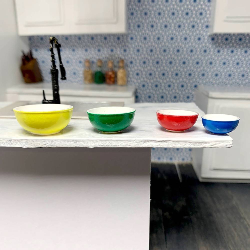 Dollhouse Miniature Mixing Bowls; Primary Colors; 1:12