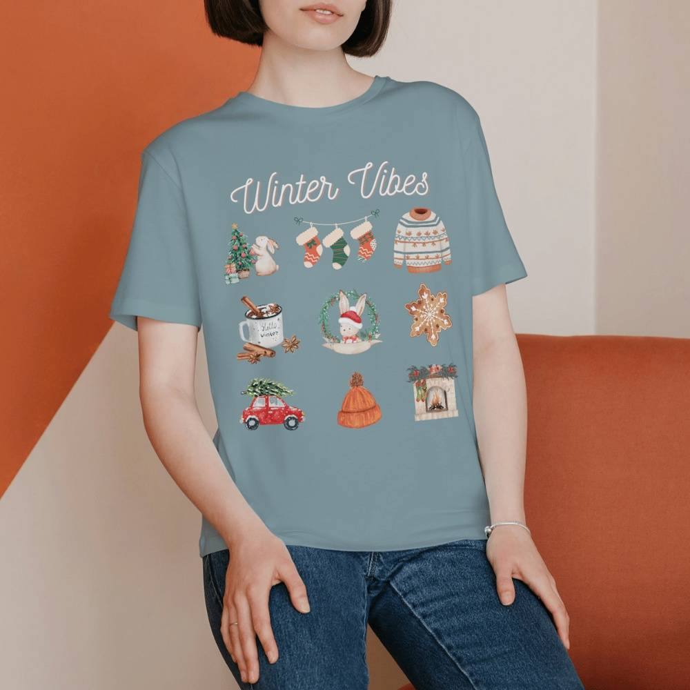 Winter Vibes T-Shirt for Bunny Mom | Holiday Gift | Christmas T-Shirt | Blue