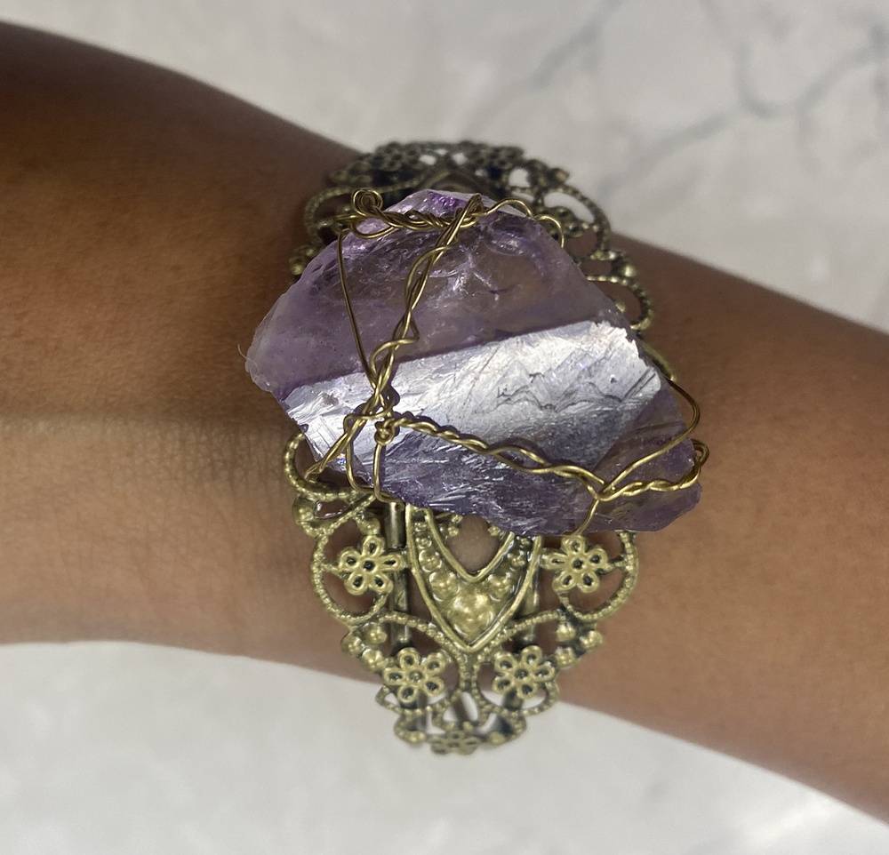 Amethyst Wire-Wrapped Gold Colored Bracelet