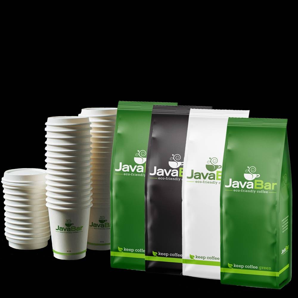 4 1LB Bags of JavaBar Coffee with Cups and Lids