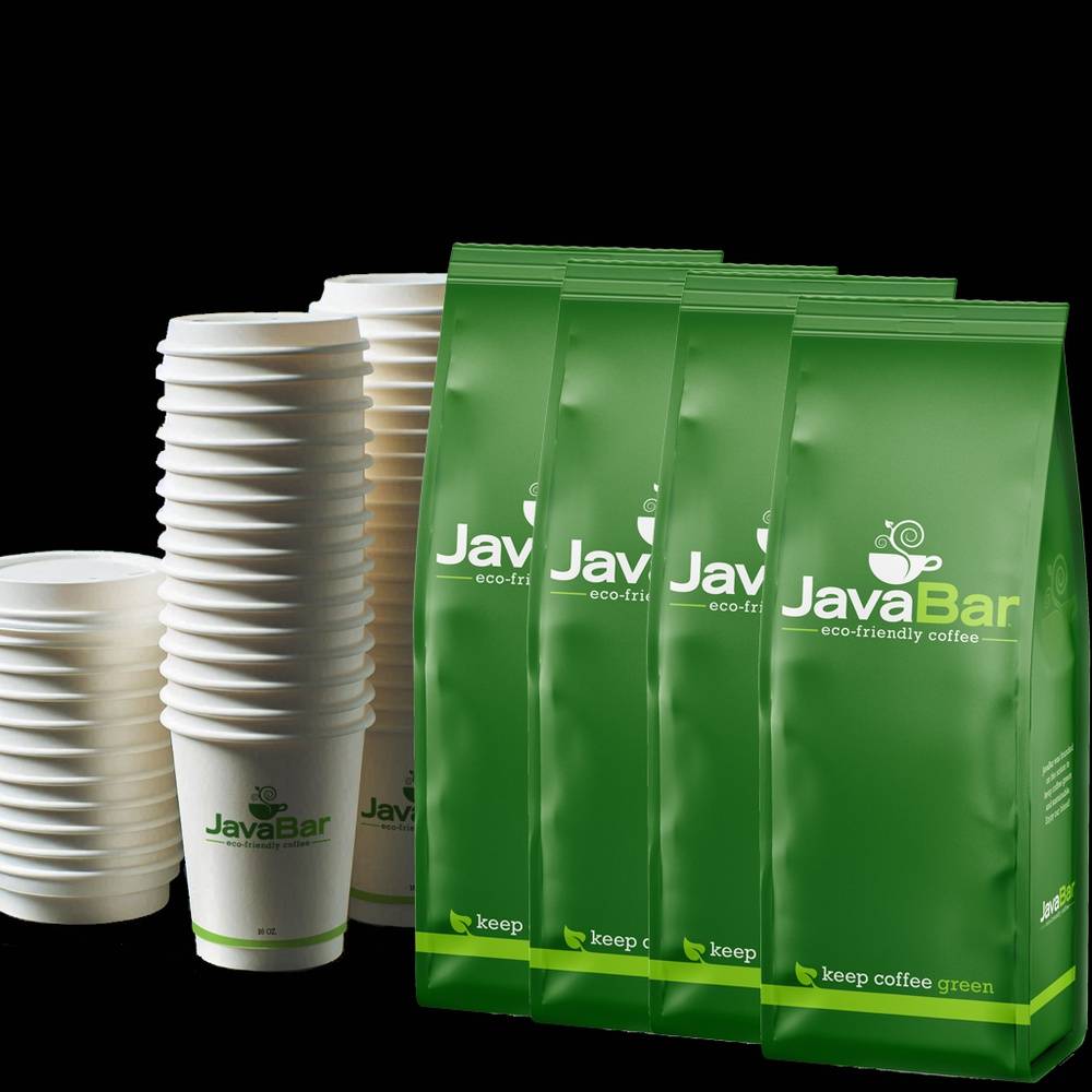 4 1LB Bags of JavaBar Coffee with Cups and Lids