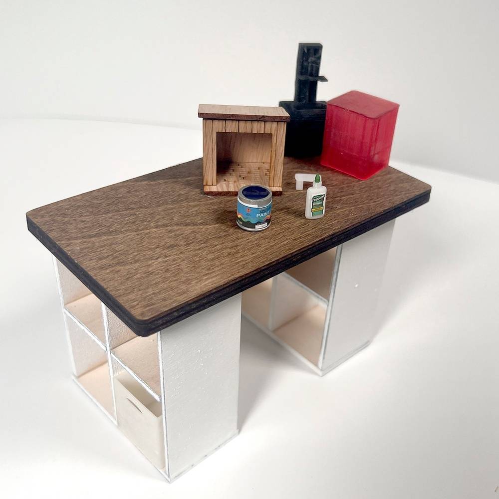 Miniature Crafting Desk and Counter-Height Chair; 1:12 Scale