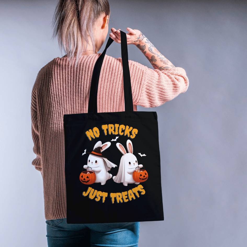 SALE 'No Tricks. Just Treats' Halloween Bunny Lover Trick-or-Treating Tote Bag | Black