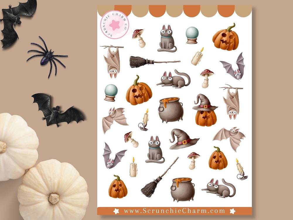 Halloween Sticker Sheet With Cats, Bats, Scary Pumpkins, and Witch Caldrons