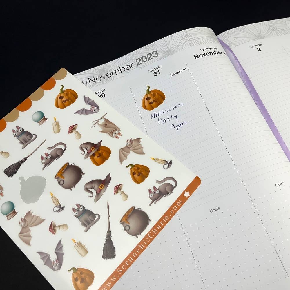 Halloween Sticker Sheet With Cats, Bats, Scary Pumpkins, and Witch Caldrons