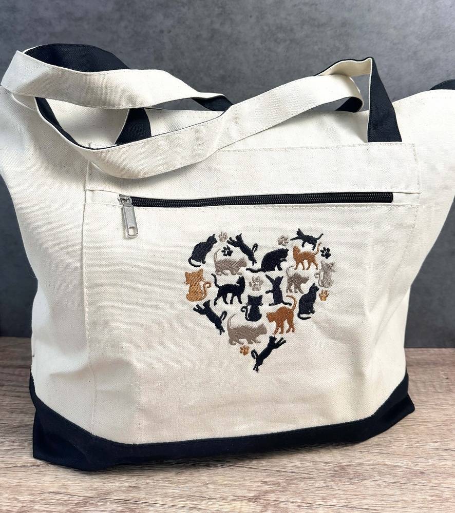 Cats In Heart Shape Embroidered Tote Bag