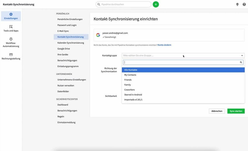 Kontakte mit Pipedrive synchronisieren