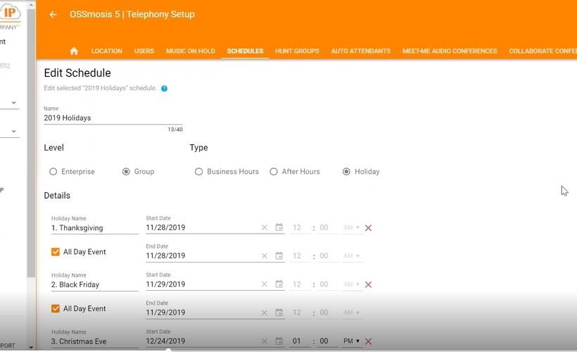 OSSmosis 5 Administrator - Holiday Schedule Management 