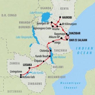 tourhub | On The Go Tours | Nairobi to Zambia - 21 days | Tour Map