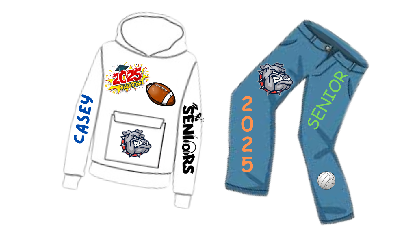 Examples of Senior Clothes.  White Hoodie.  Blue Jeans. Decorated with Senior 2025.