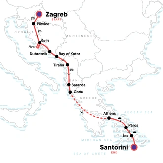 tourhub | G Adventures | Croatia to the Greek Islands: Zagreb Nights & Santorini Views | Tour Map