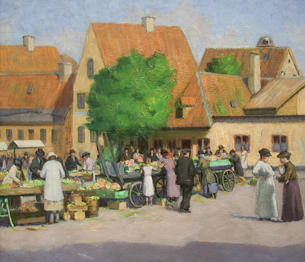 Victor Lagerströms konstverk Torghandel Visby (1936), är en av målningarna som visas i utställningen Konstlivet. 
