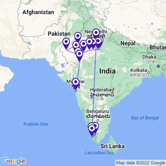 tourhub | Holidays At | North India Tour with Kerala | Tour Map