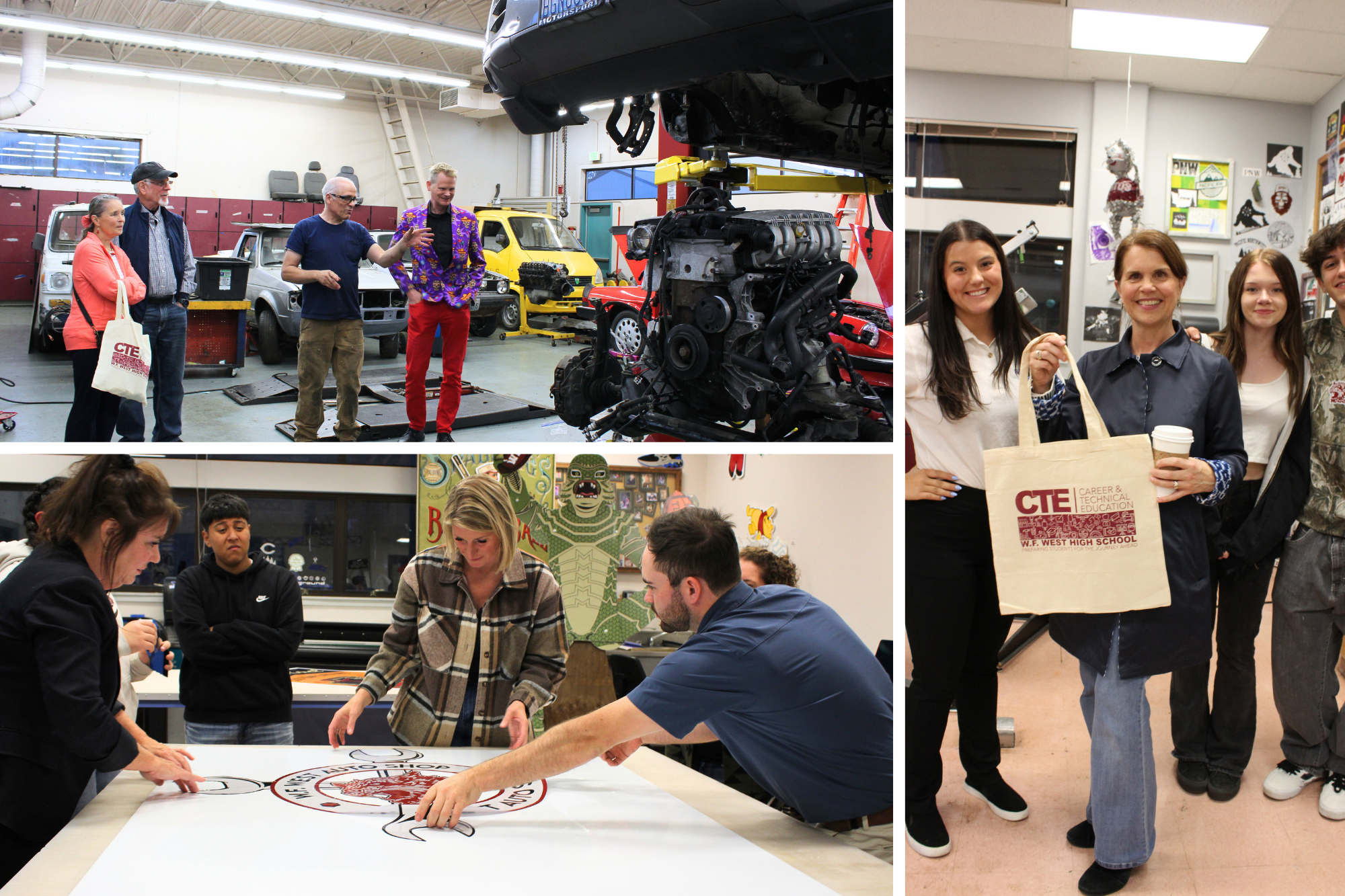 Photos of W.F. West CTE students and teachers interacting with visitors during this year's CTE kickoff night.