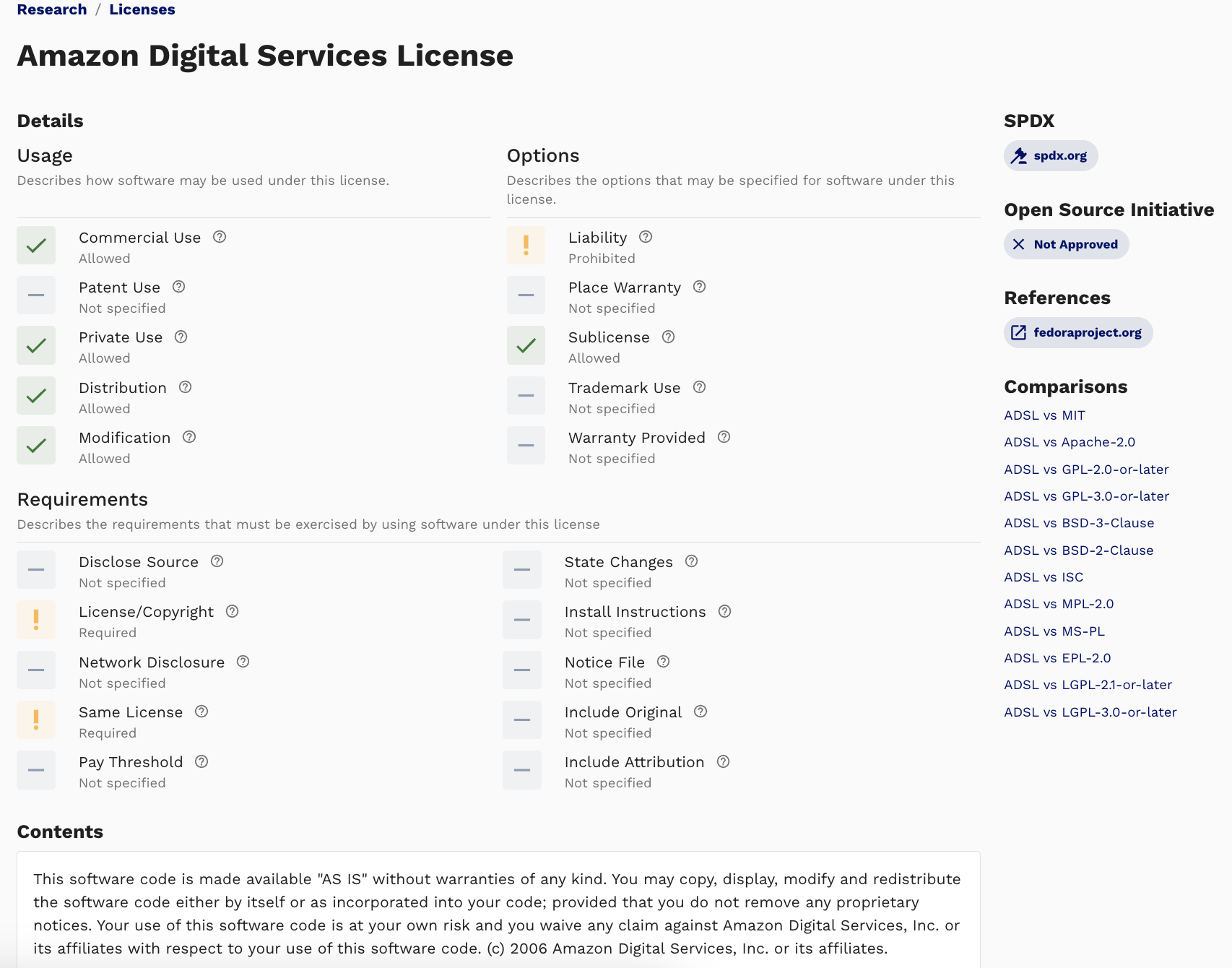 Preview of SOOS license detail page content