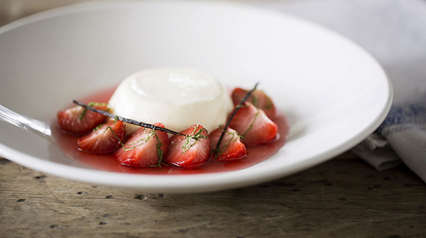 Set buttermilk cream with poached Kentish strawberries