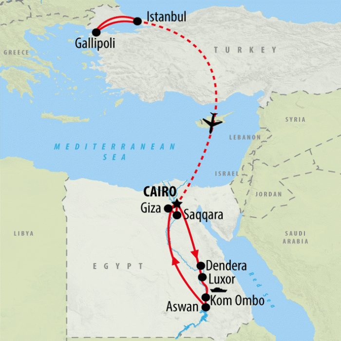 tourhub | On The Go Tours | ANZAC & Classical Egypt with Nile Cruise 2025 - 15 Days | Tour Map