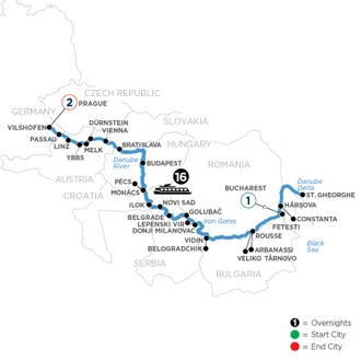 tourhub | Avalon Waterways | The Danube from Romania to Germany with 2 Nights in Prague (Envision) | Tour Map
