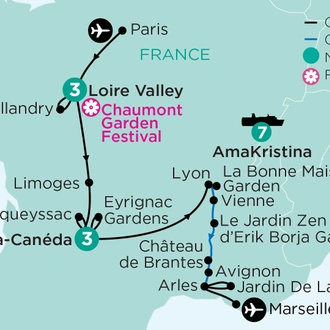 tourhub | APT | French Châteaux, with the Loire Valley, the Dordogne, and A Rhône River Cruise | Tour Map