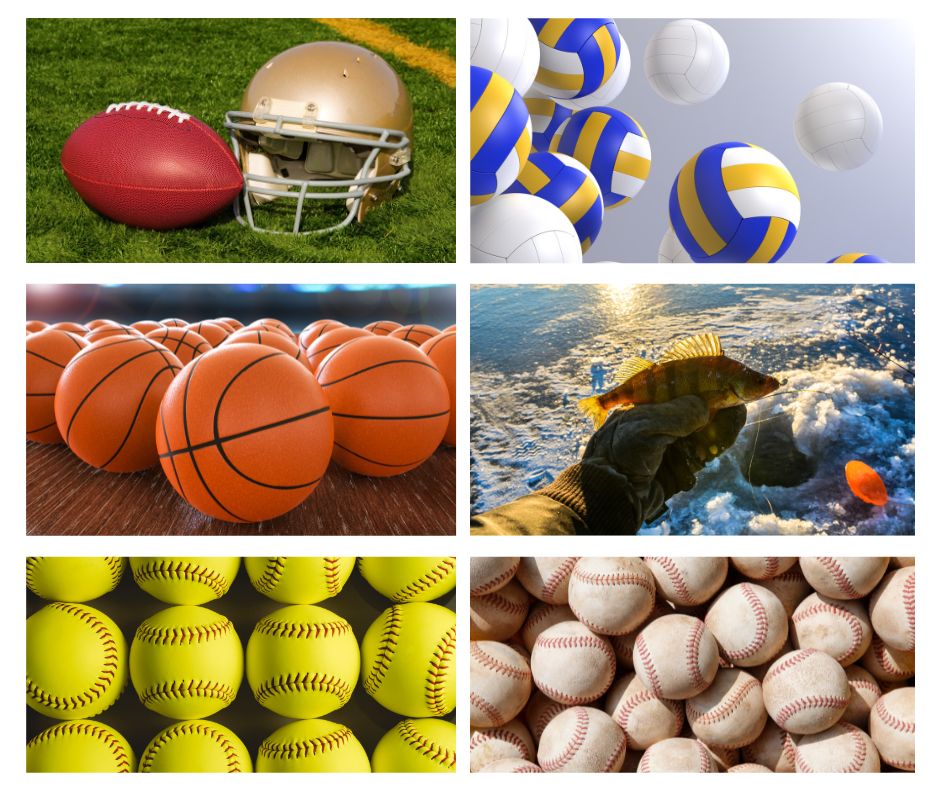 Picture with a football and helmet, volleyballs, basketballs, ice fishing, softballs and baseballs.