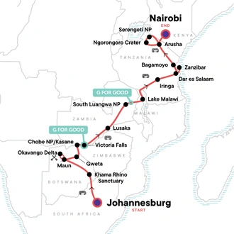 tourhub | G Adventures | Johannesburg to East Africa Overland Safari | Tour Map