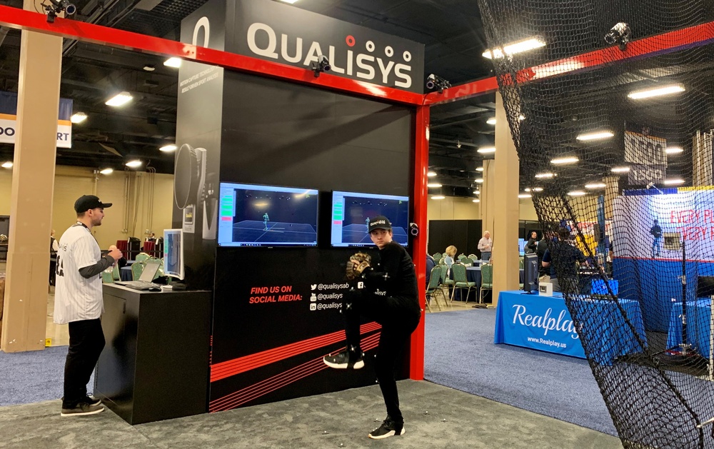 Qualisys' booth at the American Baseball Coaches Association annual conference demonstrates the practical use of optical motion capture, tracking 3D motion of aspiring baseball professionals with an interactive data-driven web report. 