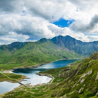 An aerial view of the famous Snowdonia national park in Wales.