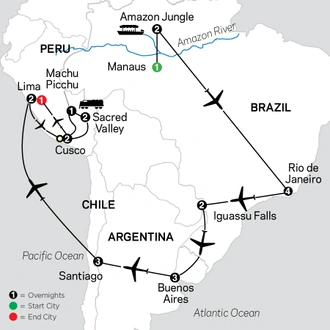 tourhub | Cosmos | Brazil, Argentina & Chile Unveiled with Brazil's Amazon & Peru | Tour Map