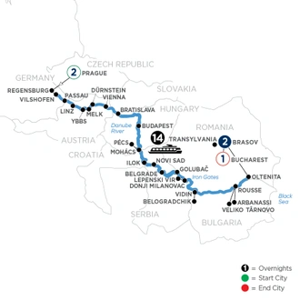 tourhub | Avalon Waterways | The Danube from Germany to Romania with 2 Nights in Prague & 2 Nights in Transylvania (Passion) | Tour Map
