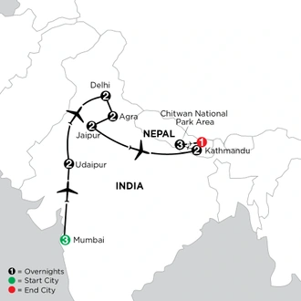 tourhub | Globus | Independent India & Nepal: Colorful Cultures & Wondrous Wildlife | Tour Map