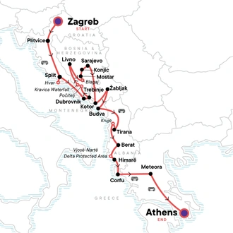 tourhub | G Adventures | Zagreb to Athens: Monasteries & The Mediterranean | Tour Map