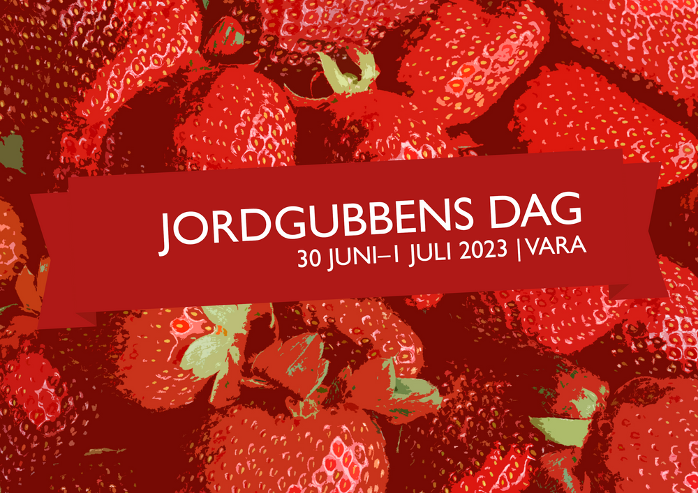 Logga Jordgubbens dag mot en bakgrund av illustrerade jordgubbar.
