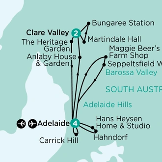 tourhub | APT | Heritage, Art & Rose Gardens of South Australia with Clare Valley | Tour Map