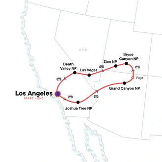tourhub | G Adventures | USA Road Trip — Grand Canyon, Vegas & Death Valley | Tour Map