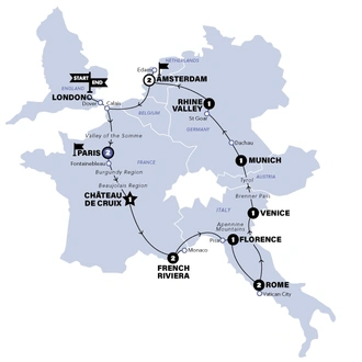 tourhub | Contiki | European Highlights | Gap Year 18-22 | Start London | 2025 | Tour Map
