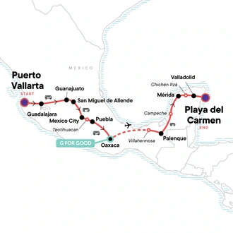 tourhub | G Adventures | Mexico Coast-to-Coast: Puerto Vallarta to the Mayan Riviera | Tour Map