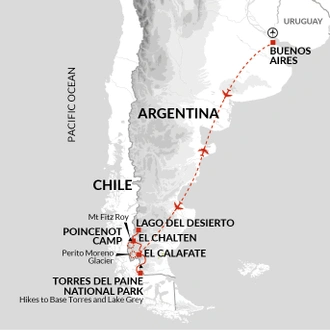 tourhub | Explore! | Hiking in Patagonia - Glaciers & Torres del Paine | Tour Map